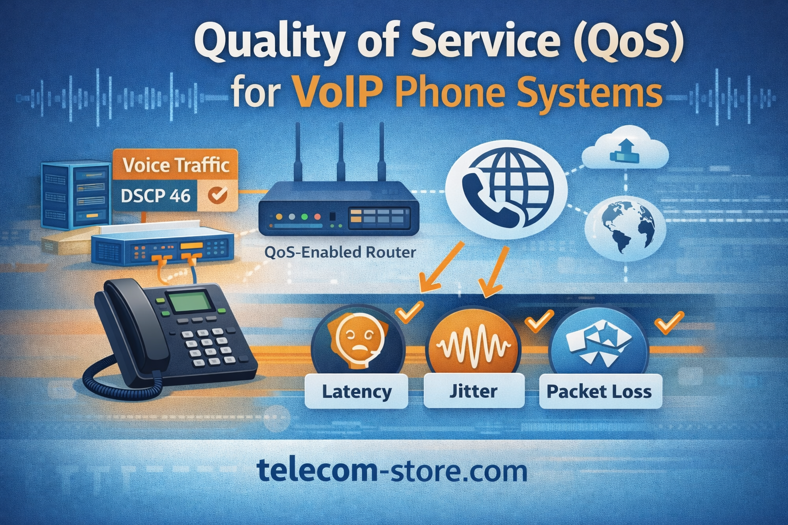 VoIP network diagram showing Quality of Service prioritization