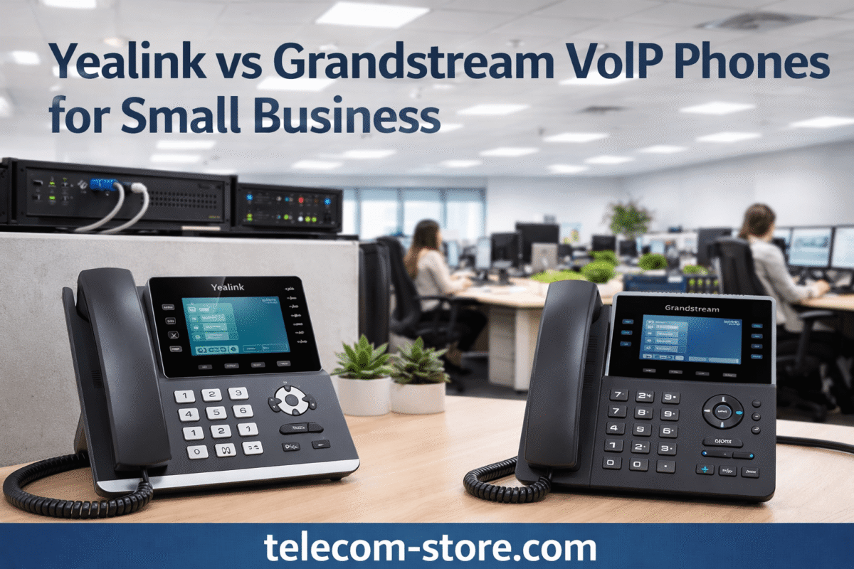 Yealink VoIP desk phone on office desk