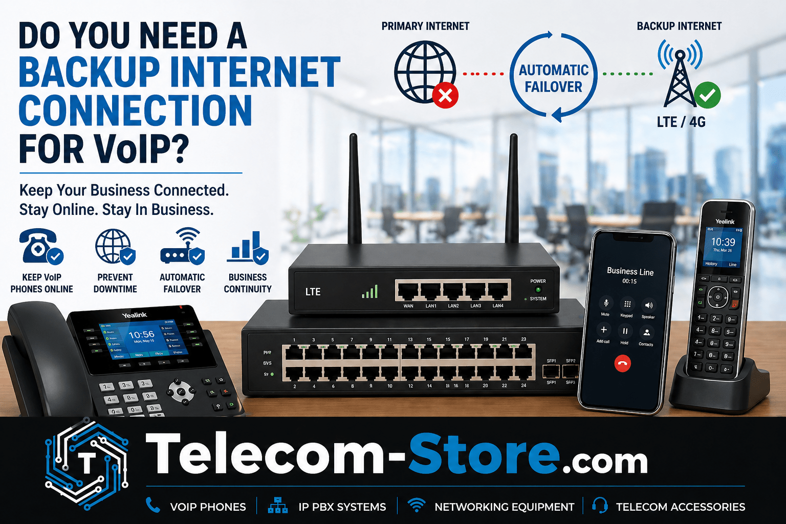 VoIP backup internet setup with LTE failover router and business phones