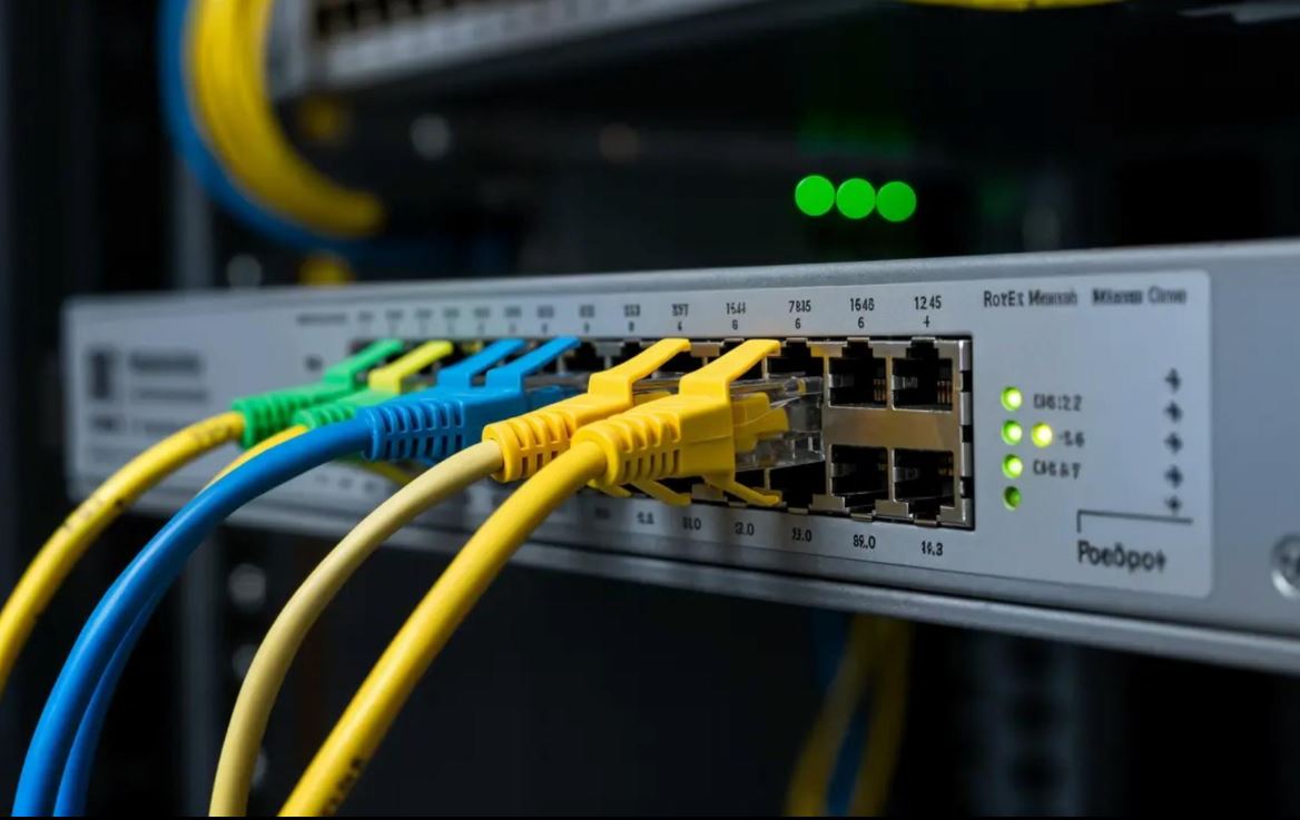 PoE network switch powering VoIP phones in office