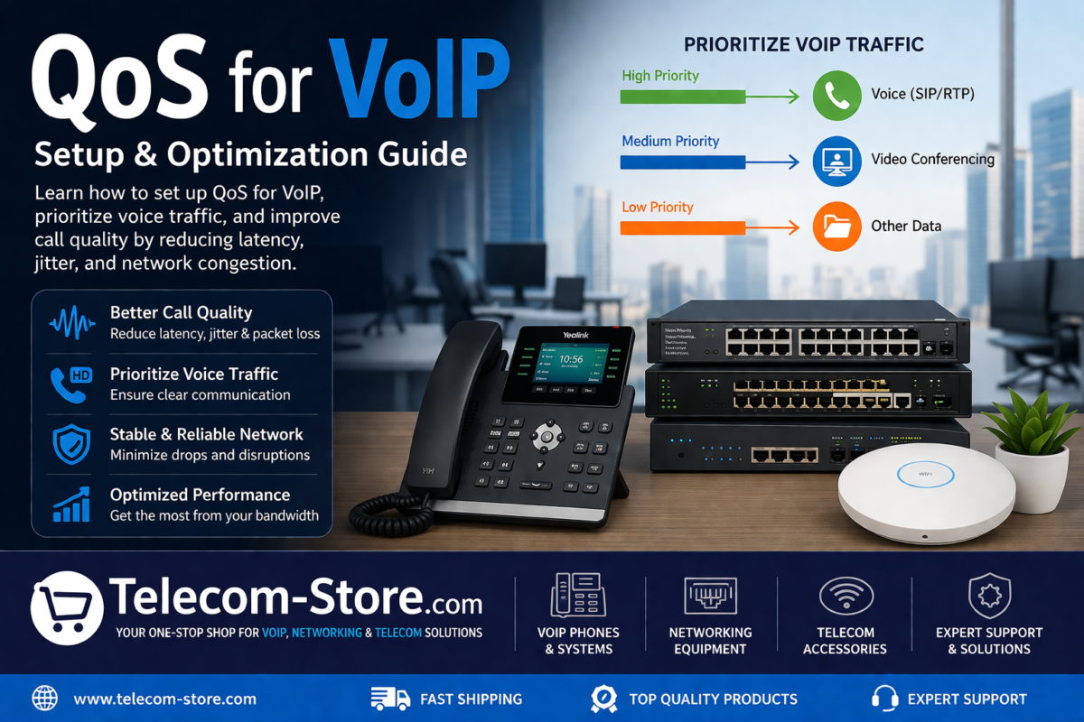 QoS for VoIP setup guide with network switch, router, and business IP phone
