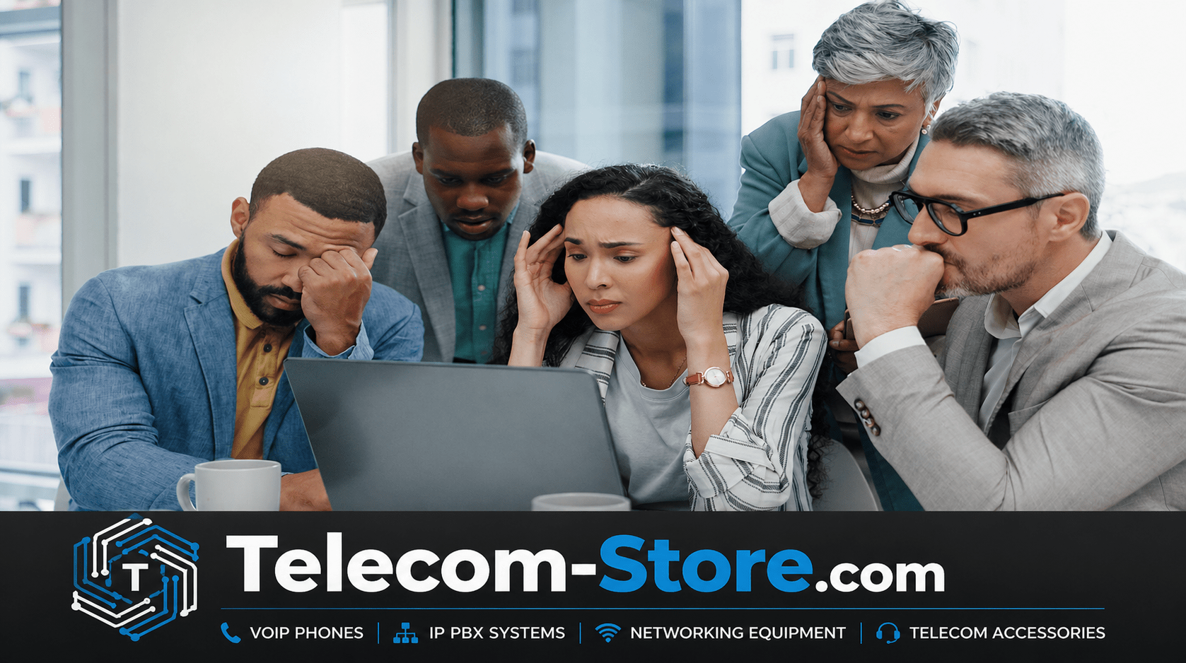 Business team reacting to phone system outage with Telecom-Store.com branding