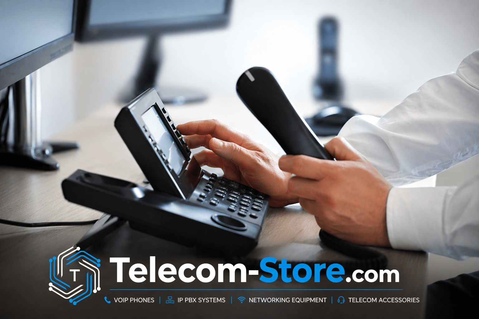 Business VoIP desk phone in office with Telecom-Store.com branding