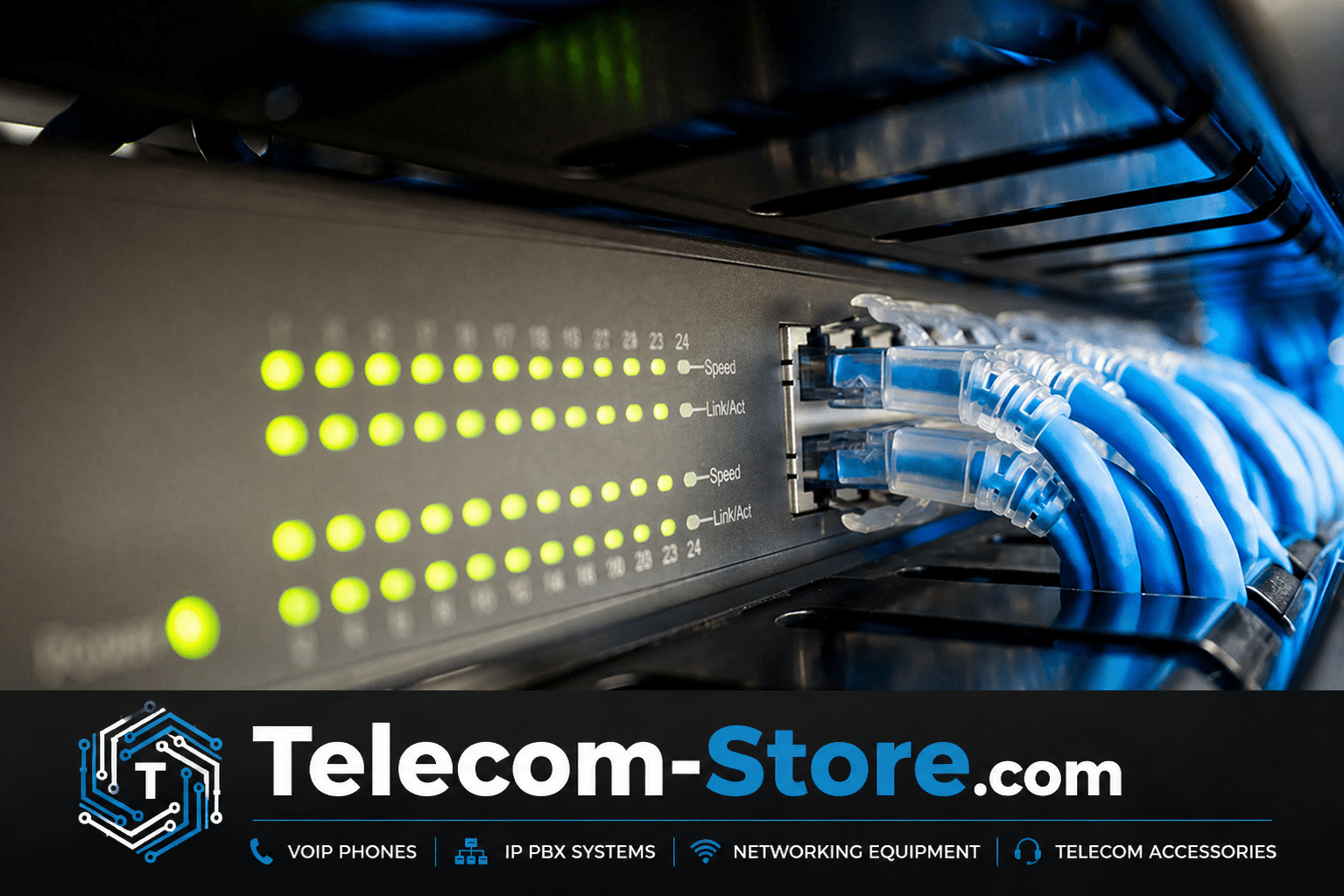 Network switch with Ethernet cables for VoIP and business networking