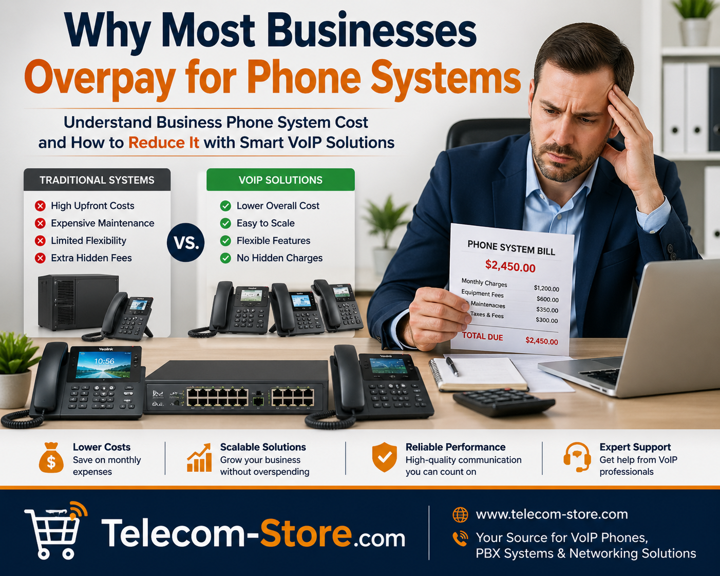 Business phone system cost comparison showing VoIP savings vs traditional systems with Telecom-Store.com banner