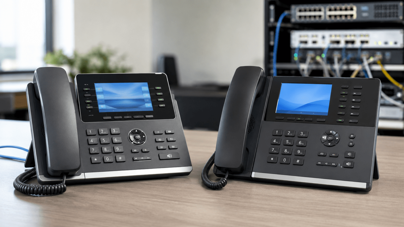 Two modern business VoIP desk phones side by side on an office desk with network switches and Ethernet cabling in the background, representing a Yealink vs. Grandstream IP phone comparison.