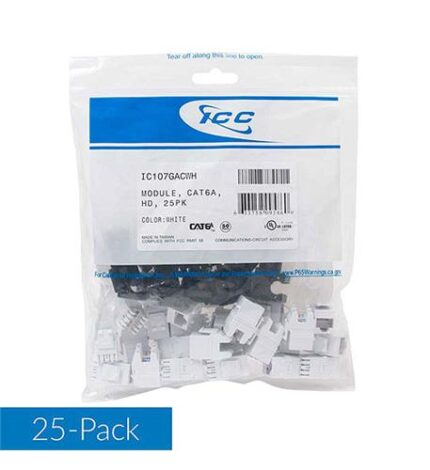 ICC CAT6A HD Modular Connectors, White, 25 Pack