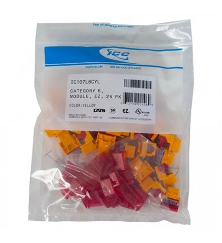 MODULE, CAT 6, EZ, 25 PK, YELLOW ICC EZ CAT6 Yellow Module Connectors 25 Pack - High Speed - Image 1