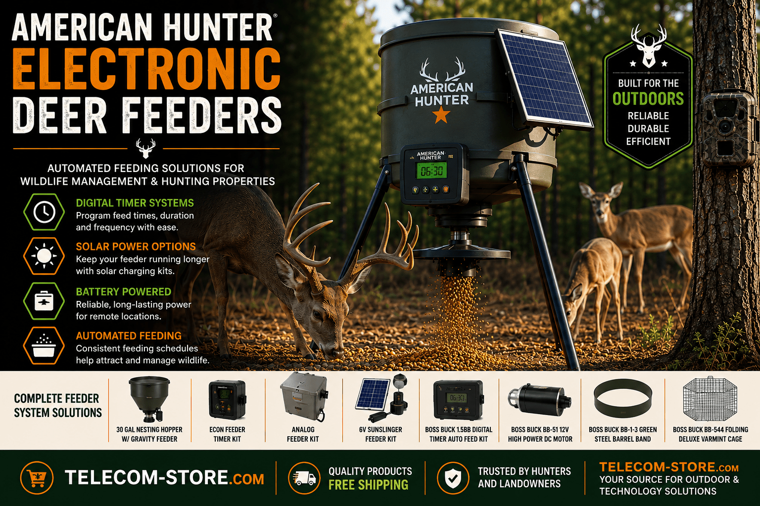 American Hunter electronic deer feeder with solar charging panel and digital timer dispensing feed to whitetail deer in a wooded hunting property. The image highlights automated feeding systems, solar power options, battery-powered operation, wildlife management solutions, and feeder accessories, with Telecom-Store.com branding promoting hunting property equipment and outdoor technology products.