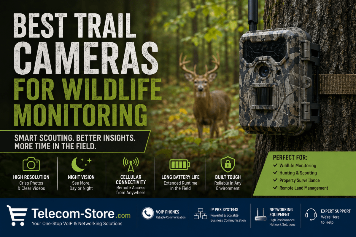 Cellular trail camera mounted on a tree in a wooded hunting environment capturing wildlife activity, featuring night vision, wireless monitoring, and Telecom-Store.com branding.