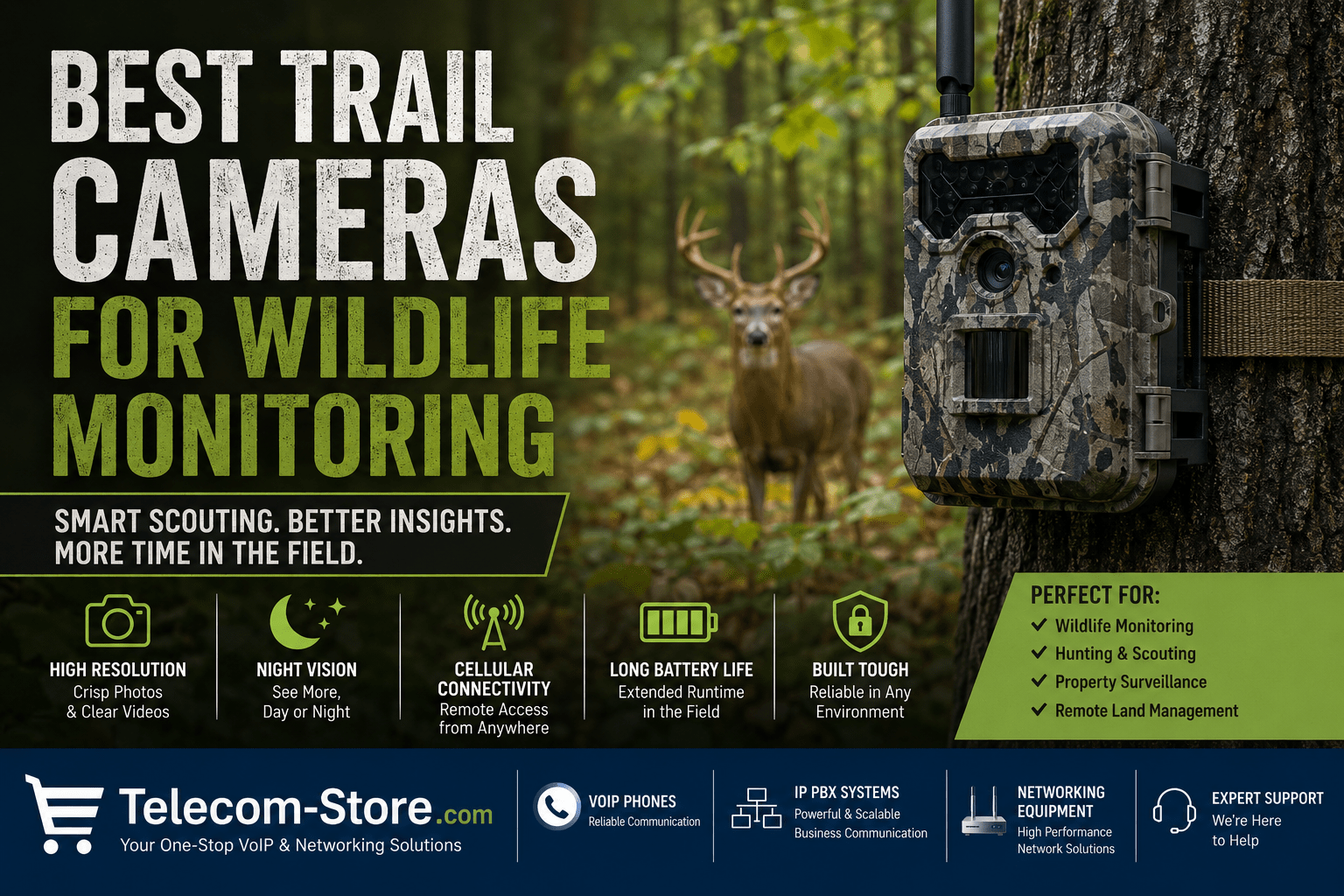 Cellular trail camera mounted on a tree in a wooded hunting environment capturing wildlife activity, featuring night vision, wireless monitoring, and Telecom-Store.com branding.