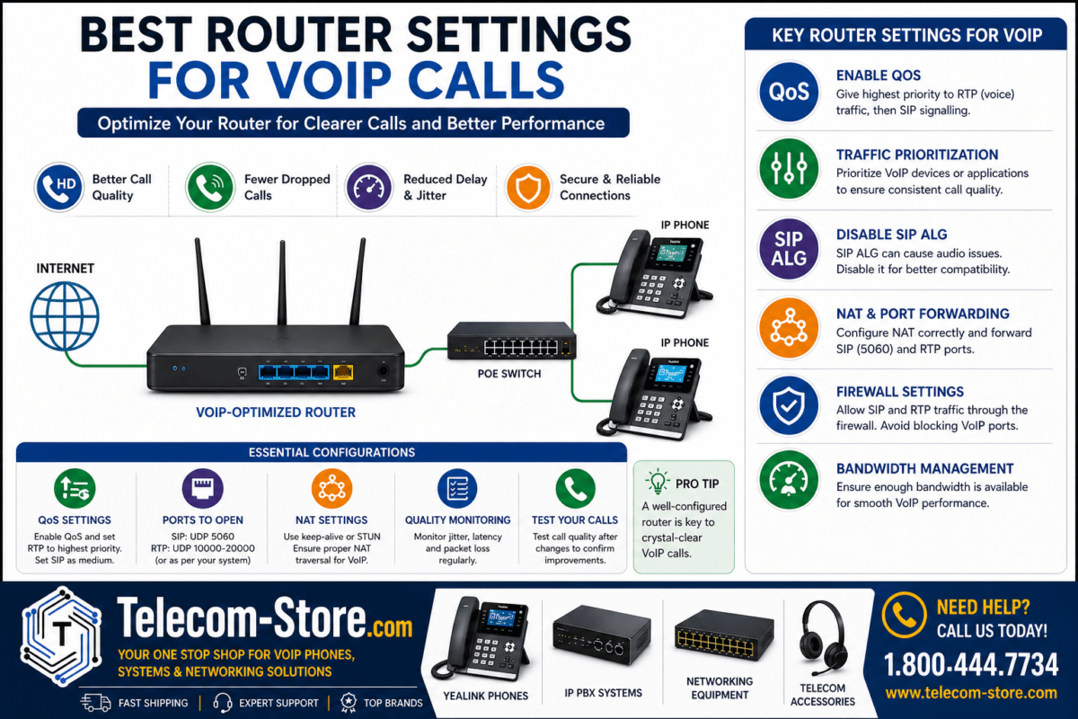 Router settings for VoIP infographic showing QoS, SIP ALG disable, NAT configuration, and traffic prioritization with Telecom-Store.com branding