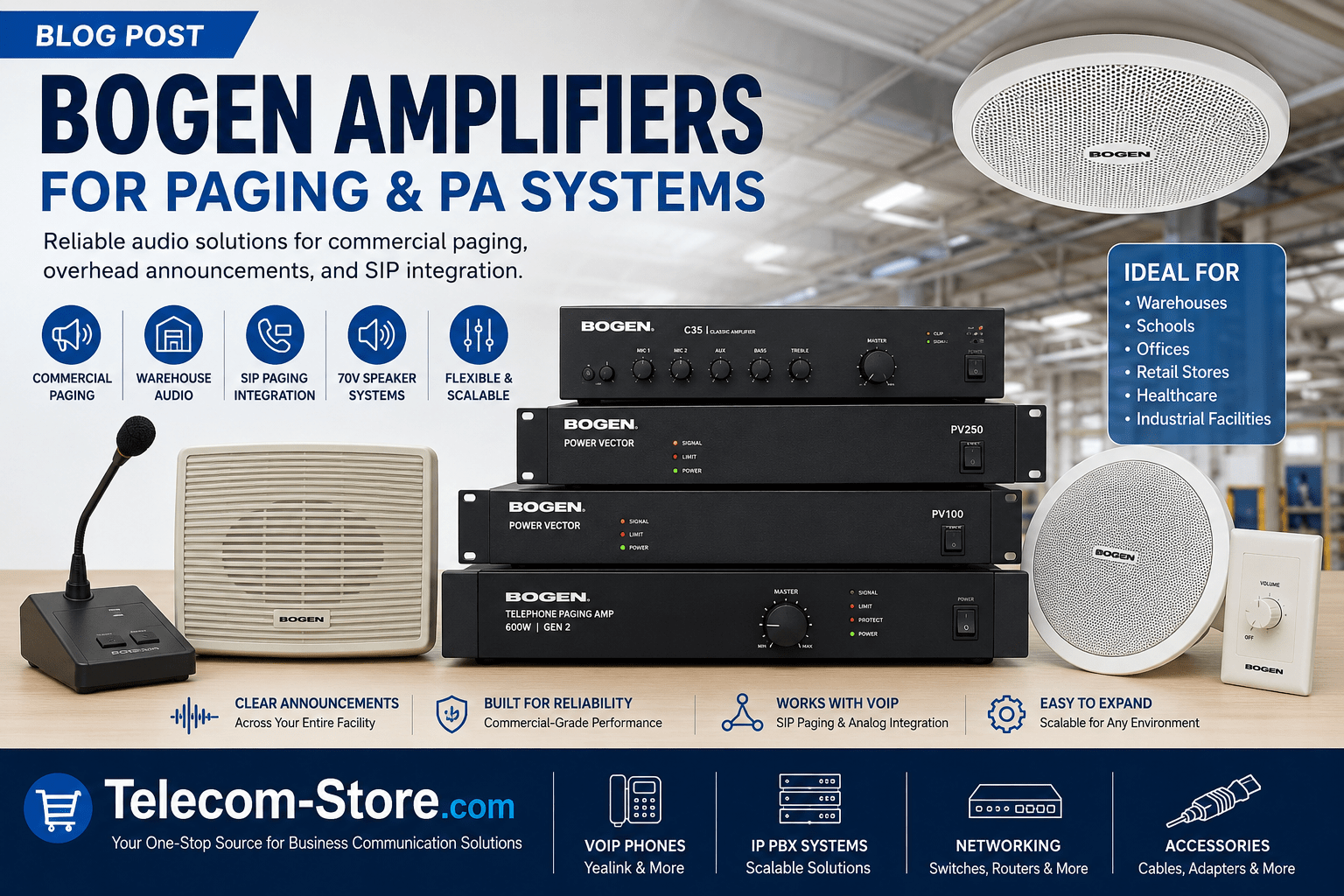 Bogen commercial paging amplifiers with 70V ceiling speakers, SIP paging integration, and warehouse PA system equipment featured in a professional business audio installation graphic with Telecom-Store.com branding.