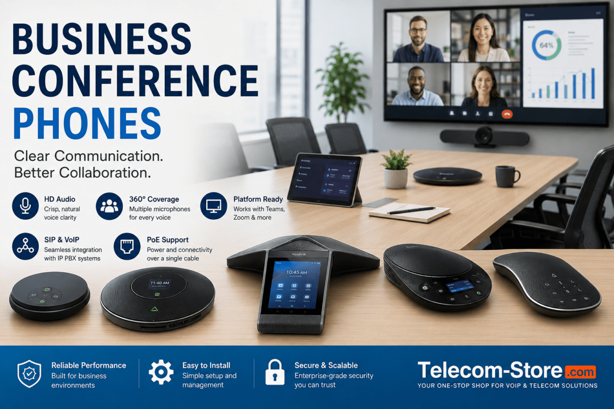 Business conference phones displayed in a modern meeting room with HD audio conferencing systems, VoIP speakerphones, Teams and Zoom compatibility, touchscreen conference phones, and Telecom-Store.com branding for hybrid business collaboration environments.