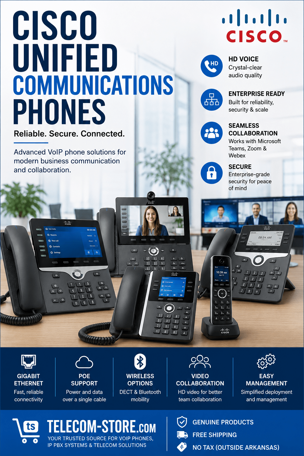 Cisco unified communications phones displayed in a modern enterprise office environment featuring business VoIP desk phones, video collaboration endpoints, wireless DECT handsets, PoE-enabled IP phones, and Telecom-Store.com branding with messaging for free shipping and no tax outside Arkansas.