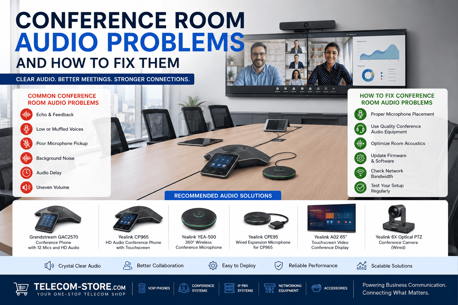 Modern conference room with conference phone, wireless microphones, PTZ conferencing camera, and touchscreen collaboration display illustrating common conference room audio problems and hybrid meeting audio solutions with Telecom-Store.com branding.