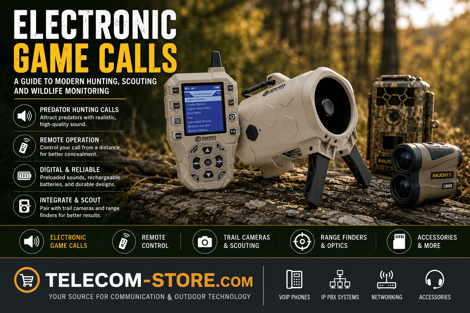 Electronic predator hunting call and wildlife scouting equipment displayed in a forest setting with digital game caller, remote hunting control, trail cameras, and outdoor range-finding gear for modern hunting applications.
