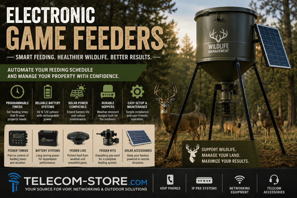 Electronic game feeder with solar panel and programmable wildlife feeding system in a wooded hunting environment, featuring automatic deer feeder equipment, rechargeable battery systems, and Telecom-Store.com branding banner.