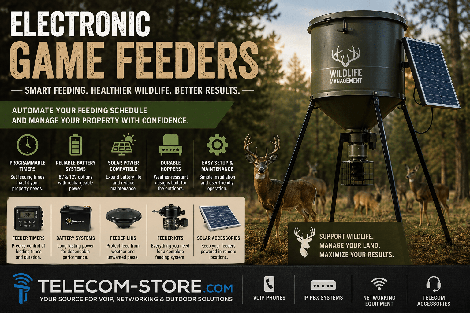 Electronic game feeder with solar panel and programmable wildlife feeding system in a wooded hunting environment, featuring automatic deer feeder equipment, rechargeable battery systems, and Telecom-Store.com branding banner.