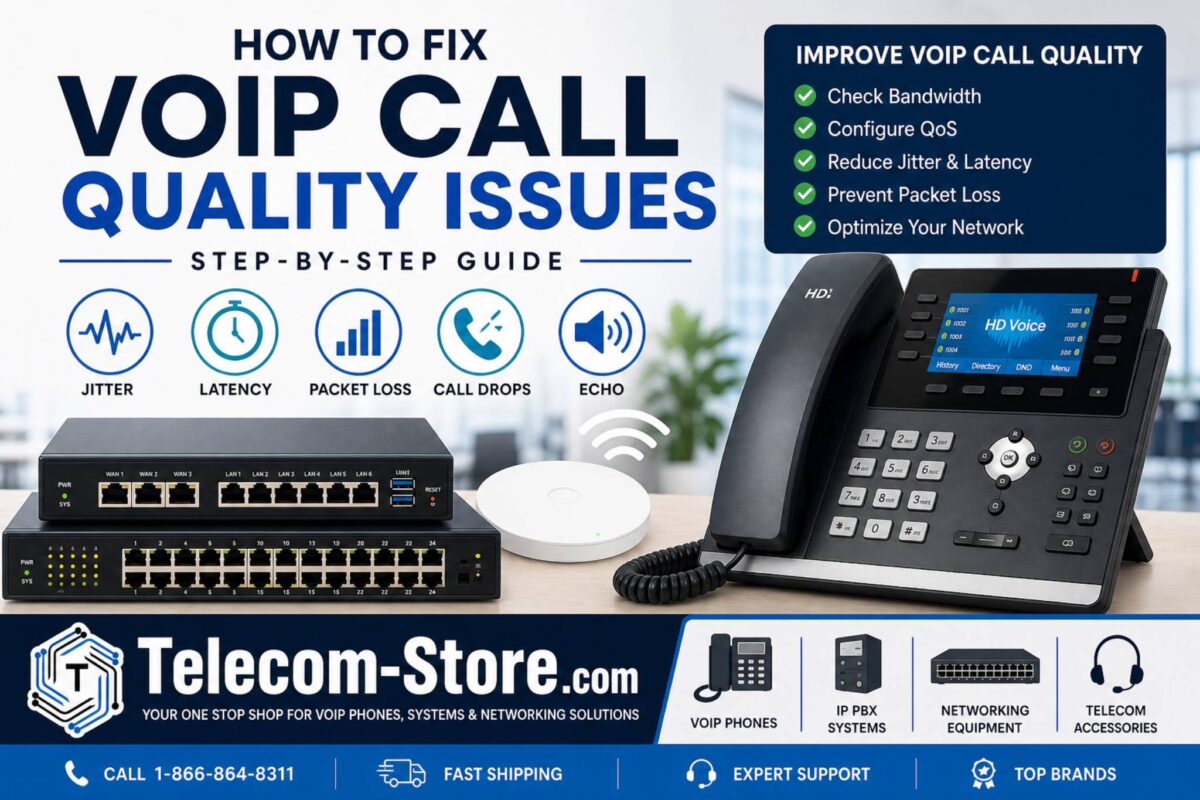 VoIP call quality issues troubleshooting infographic showing QoS setup, network equipment, IP phones, and Telecom-Store.com branding