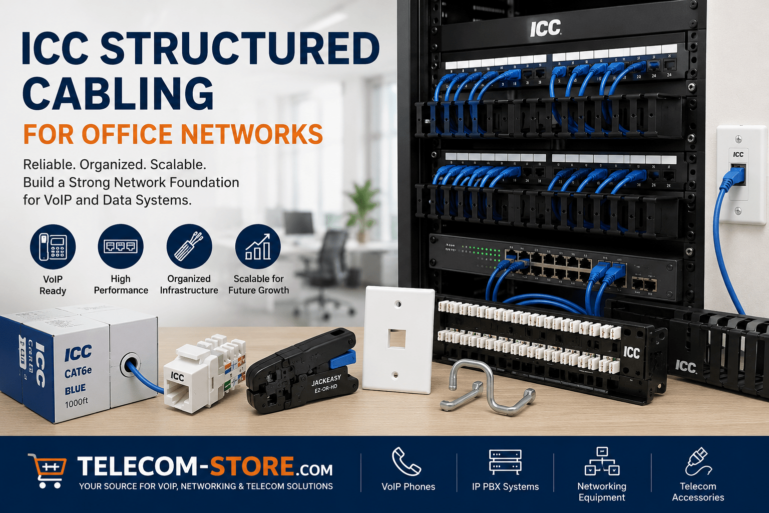 ICC structured cabling system for office networks featuring CAT6 patch panels, ICC keystone jacks, telecom rack cable management, and organized Ethernet infrastructure with Telecom-Store.com branding banner.