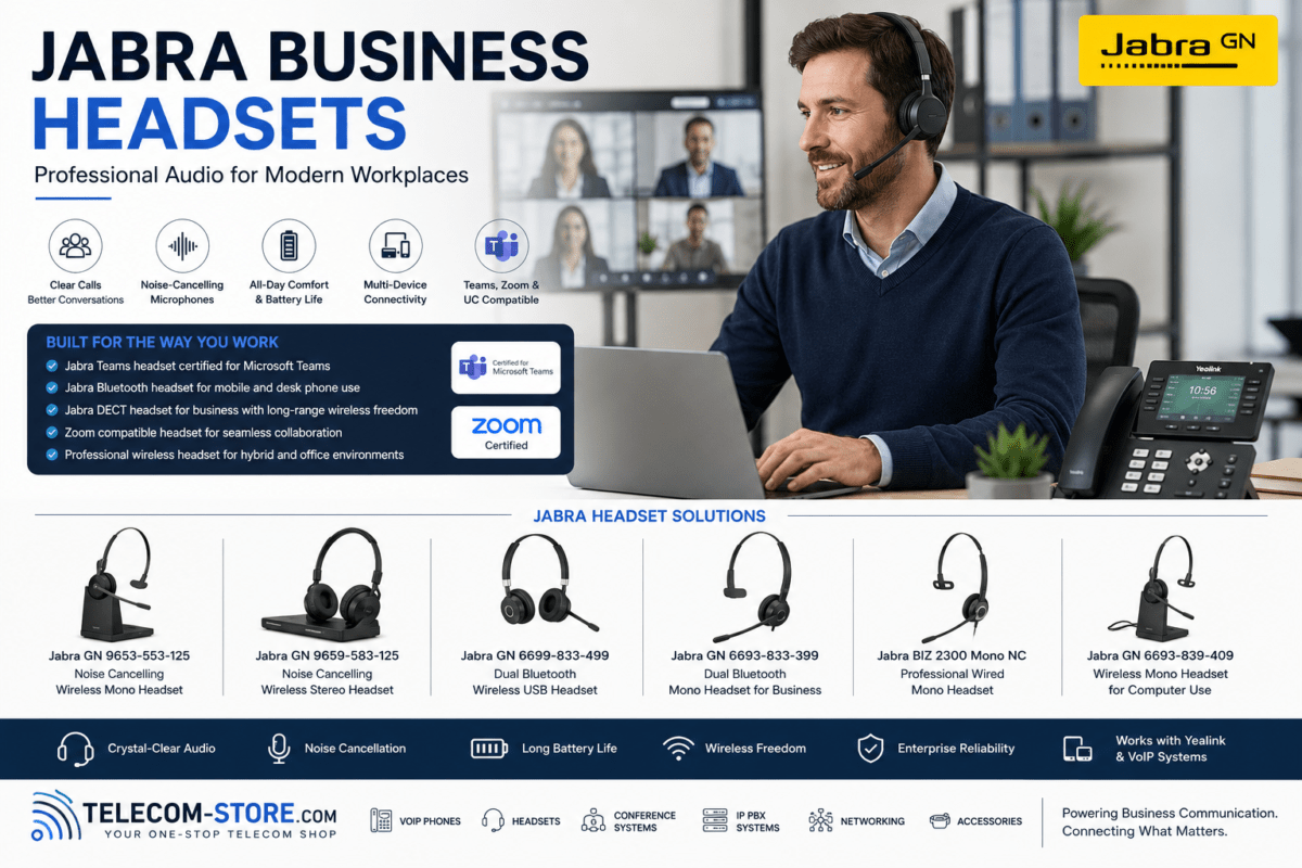 Professional office employee using a Jabra business headset during a Teams video meeting with wireless headset solutions, VoIP desk phone integration, Zoom compatibility, and Telecom-Store.com branding.