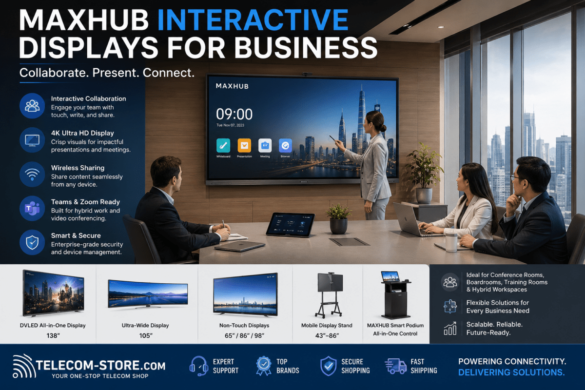MAXHUB interactive display installed in a modern business conference room with touchscreen collaboration features, Teams and Zoom meeting support, wireless presentation tools, and Telecom-Store.com branding.