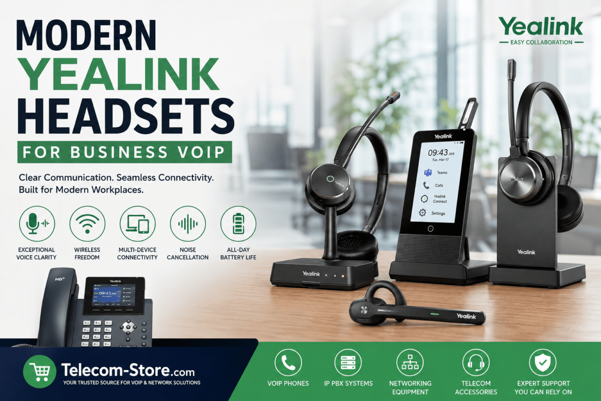 Modern Yealink business headsets displayed in a professional VoIP office environment with wireless DECT and Bluetooth headset systems, touchscreen workstation, and Telecom-Store.com branding banner.