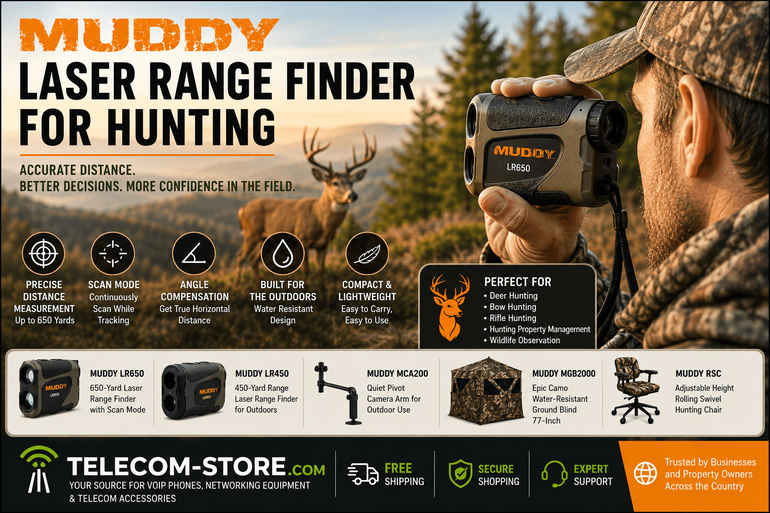 Hunter using a Muddy LR650 laser range finder in a wooded outdoor setting with deer in the background, featuring scan mode, angle compensation, and hunting optics equipment alongside Telecom-Store.com branding and outdoor hunting accessories.