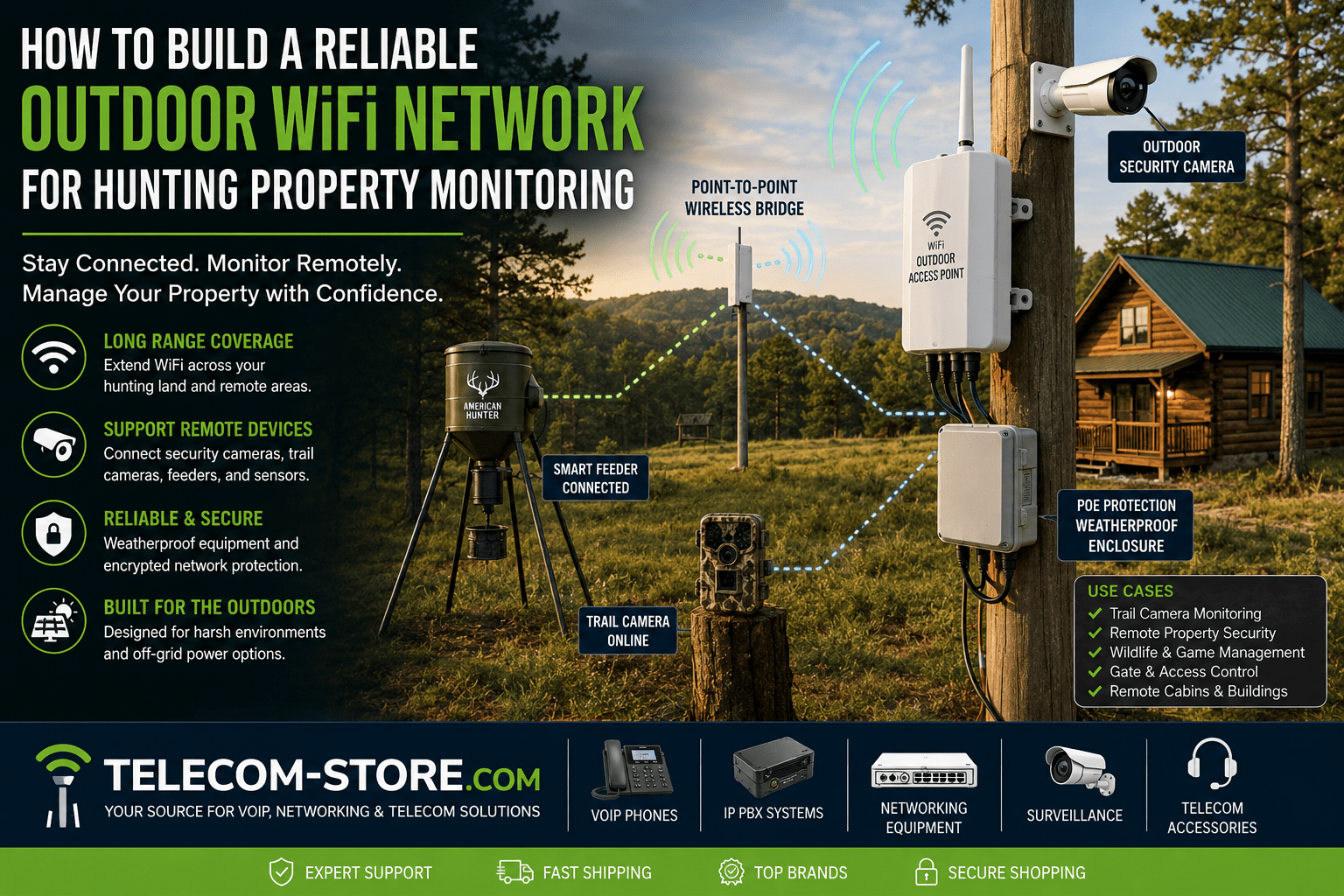 Outdoor WiFi network for hunting property monitoring featuring weatherproof outdoor access points, point-to-point wireless bridge systems, trail camera connectivity, smart wildlife feeder integration, remote cabin internet infrastructure, and Telecom-Store.com branding banner with networking and surveillance equipment icons.