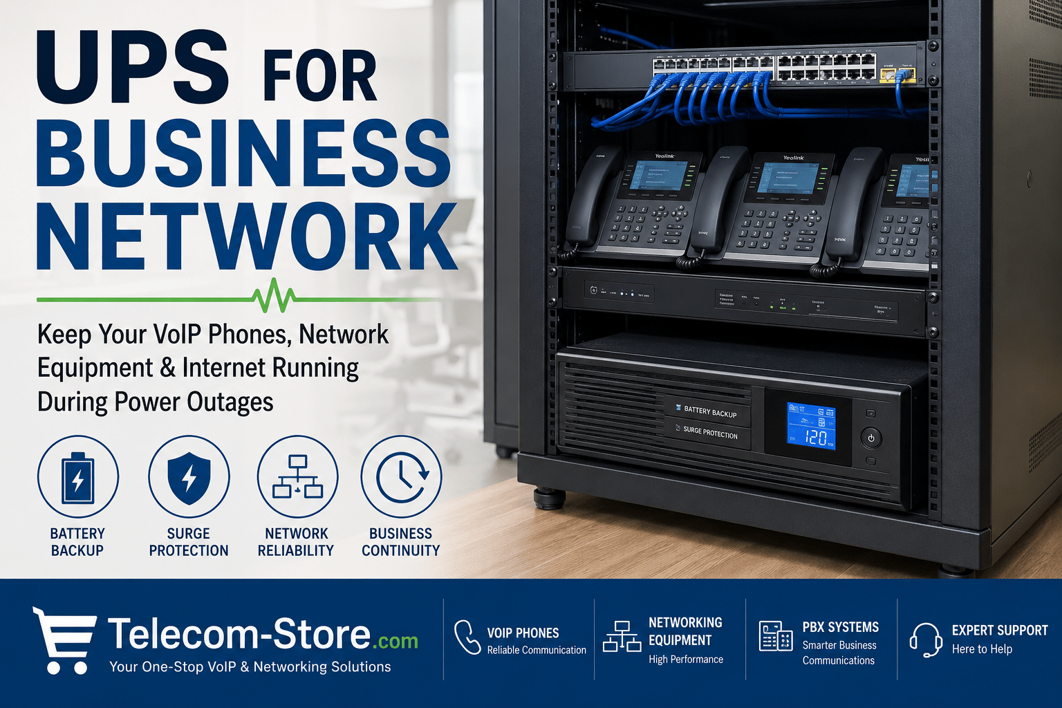 Business network rack with UPS battery backup system protecting VoIP phones, network switches, and internet equipment during power outages, featuring Telecom-Store.com branding.