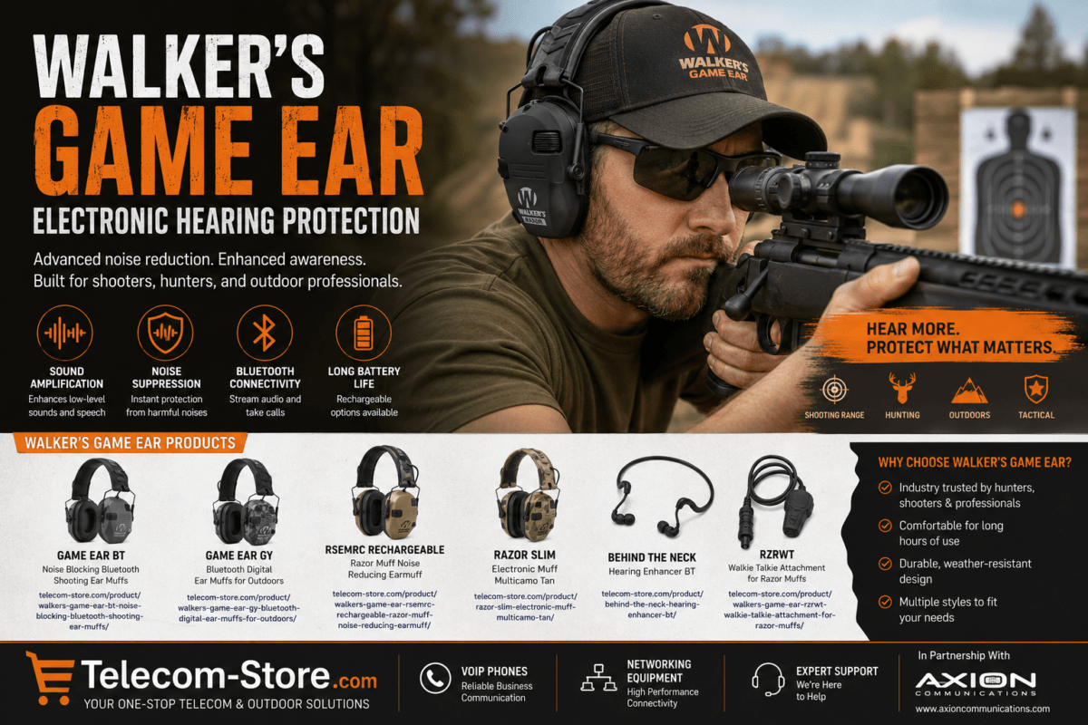 Shooter wearing Walker’s Game Ear electronic hearing protection at an outdoor shooting range, featuring Bluetooth earmuffs, noise suppression technology, rechargeable hearing protection, and Telecom-Store.com branding.