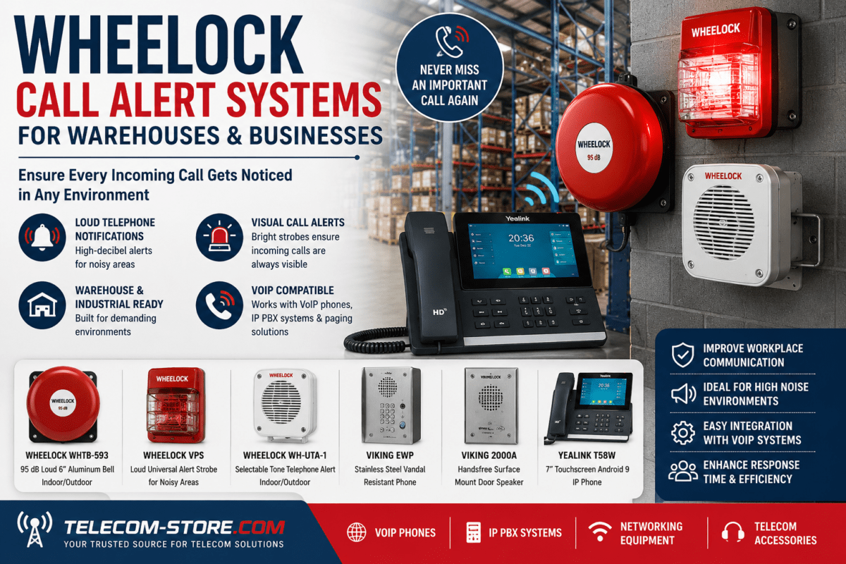 Wheelock call alert system installed in a warehouse environment featuring visual incoming call alerts, loud telephone notification devices, industrial strobe lights, high-decibel bells, VoIP phone integration, and business communication equipment designed for noisy work environments.