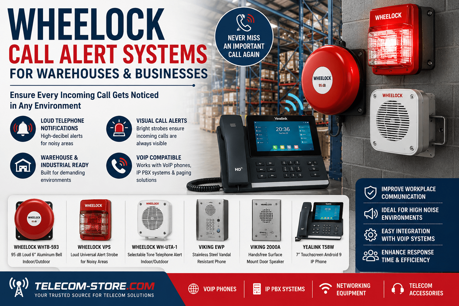 Wheelock call alert system installed in a warehouse environment featuring visual incoming call alerts, loud telephone notification devices, industrial strobe lights, high-decibel bells, VoIP phone integration, and business communication equipment designed for noisy work environments.