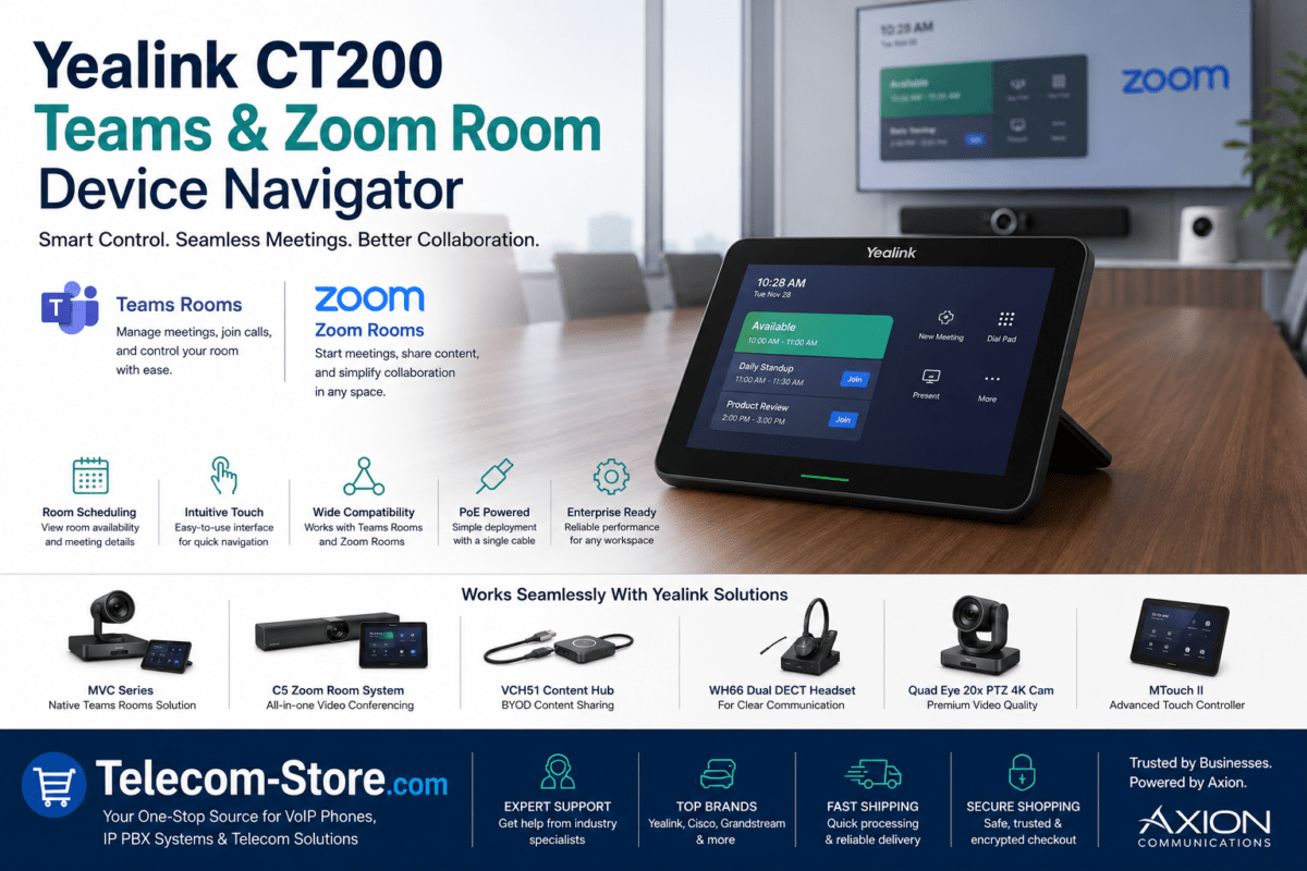 Yealink CT200 Teams and Zoom Room Device Navigator touchscreen controller displayed in a modern conference room with conferencing cameras, Teams Rooms integration, Zoom Rooms support, and Telecom-Store.com branding.
