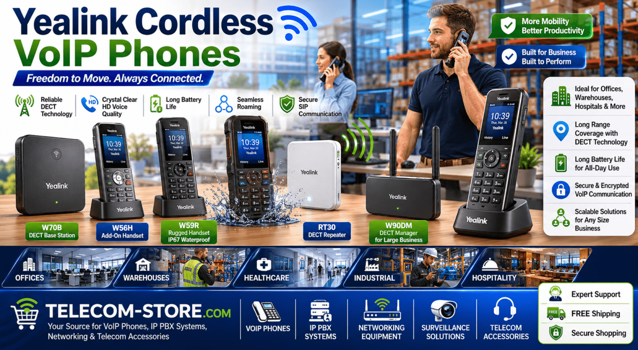 Yealink cordless VoIP phones displayed in a modern business and warehouse environment featuring DECT base stations, rugged wireless SIP handsets, DECT repeaters, scalable cordless communication systems, and Telecom-Store.com branding for office, healthcare, hospitality, and industrial VoIP deployments.
