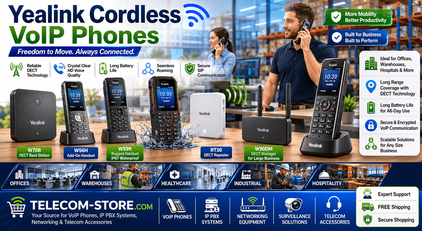 Yealink cordless VoIP phones displayed in a modern business and warehouse environment featuring DECT base stations, rugged wireless SIP handsets, DECT repeaters, scalable cordless communication systems, and Telecom-Store.com branding for office, healthcare, hospitality, and industrial VoIP deployments.