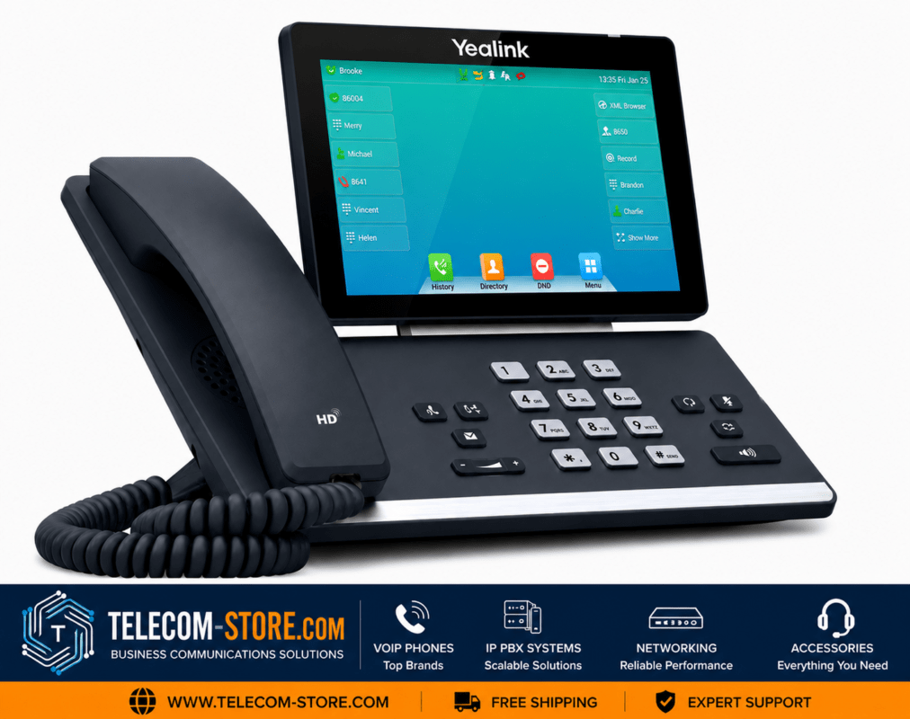 Telecom-Store.com banner featuring VoIP phones, IP PBX systems, networking equipment, and accessories with free shipping and expert support highlights