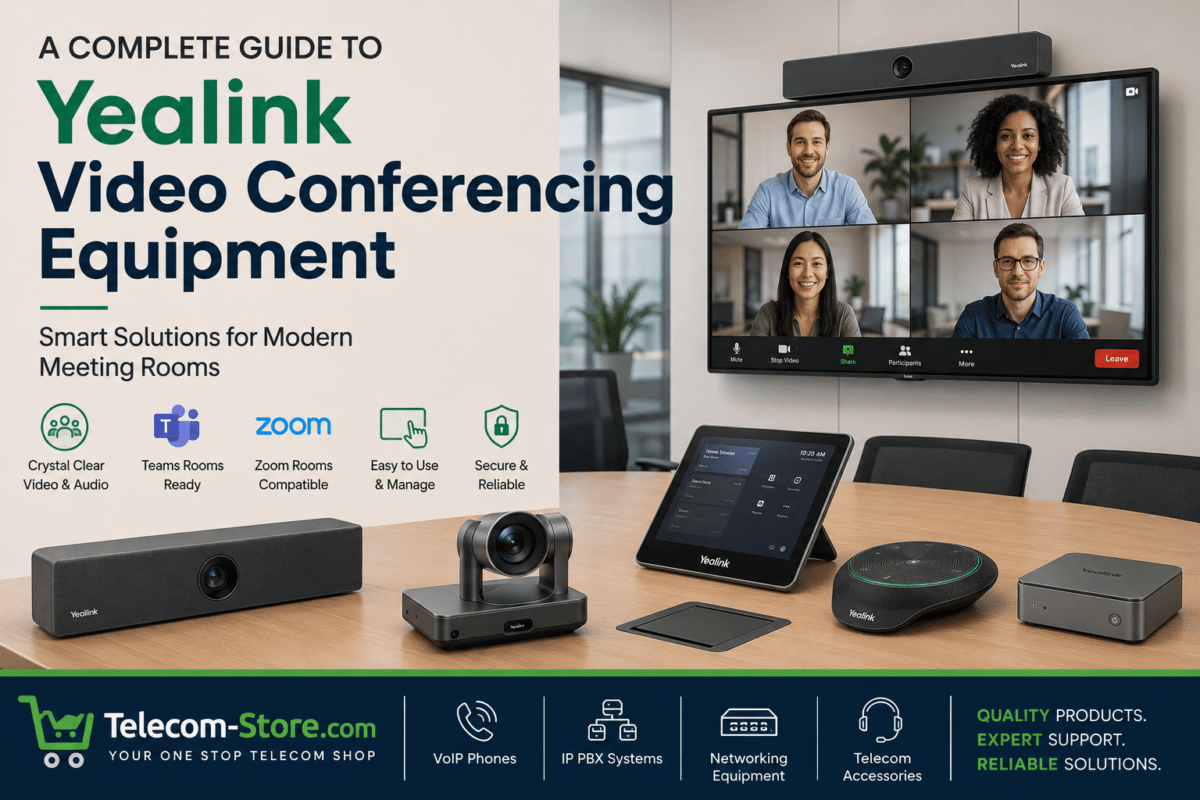 Modern conference room featuring Yealink video conferencing equipment including a MeetingBar, PTZ camera, touch console, and speakerphone with Teams and Zoom meeting display, branded with Telecom-Store.com banner.