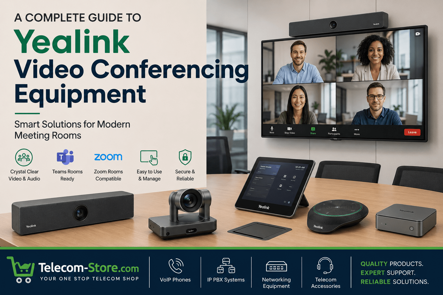 Modern conference room featuring Yealink video conferencing equipment including a MeetingBar, PTZ camera, touch console, and speakerphone with Teams and Zoom meeting display, branded with Telecom-Store.com banner.