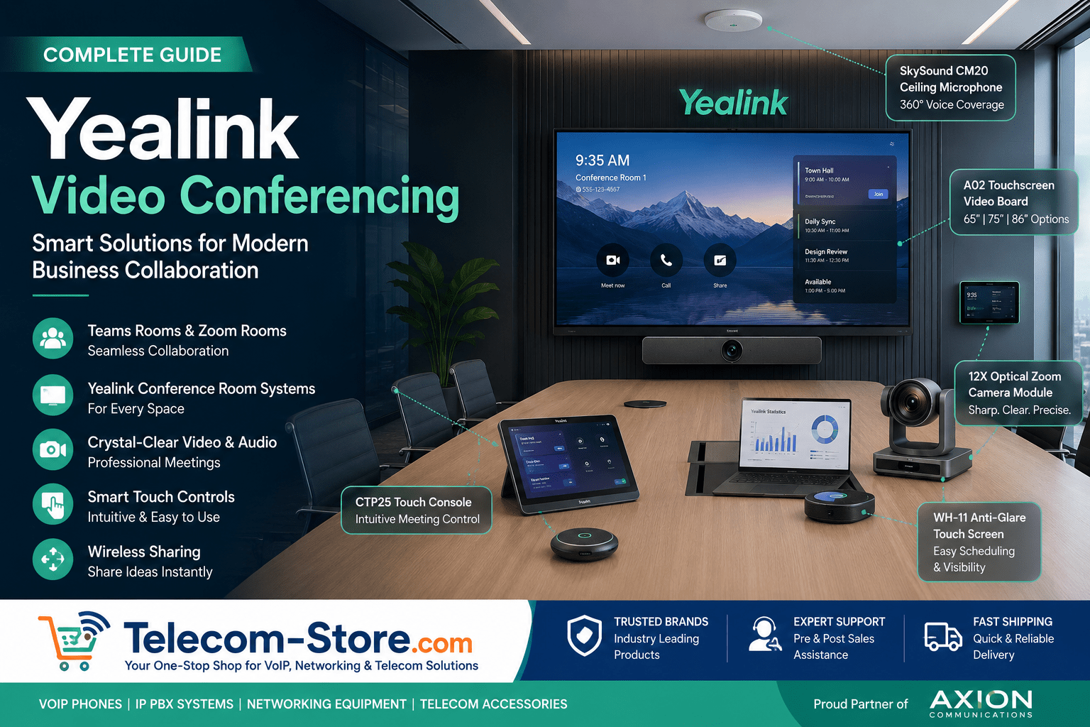 Modern Yealink video conferencing conference room featuring Teams Rooms and Zoom Rooms collaboration systems, touchscreen controls, PTZ camera modules, ceiling microphones, and Telecom-Store.com business communication branding.