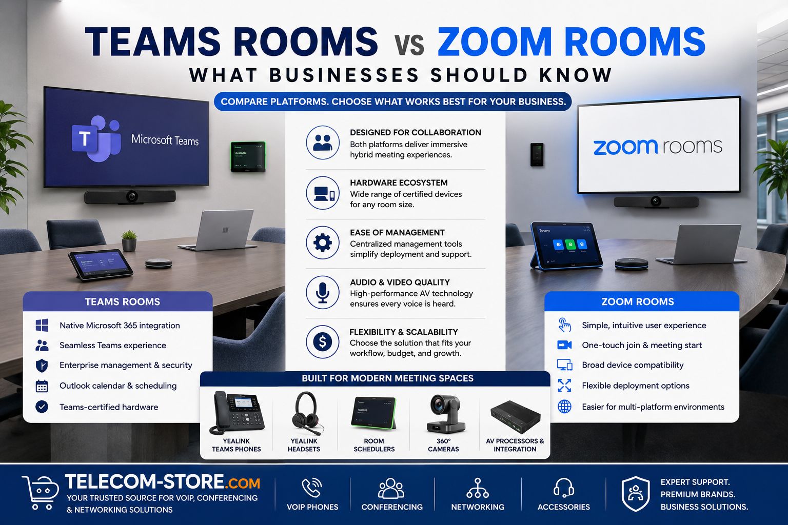 Modern hybrid conference room comparison graphic showing Microsoft Teams Rooms and Zoom Rooms collaboration systems with conferencing displays, PTZ cameras, Teams-certified hardware, Zoom meeting technology, room scheduling panels, wireless headsets, and Telecom-Store.com branding.