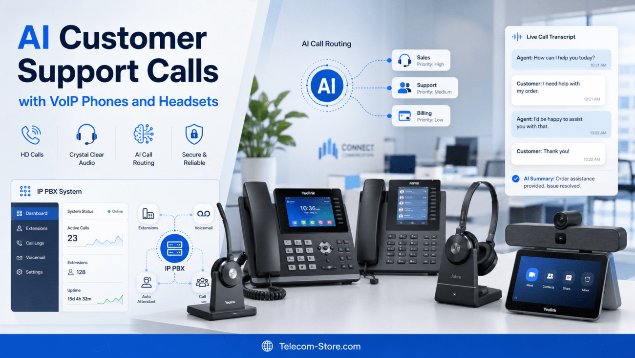 AI customer support calls with VoIP phones and headsets