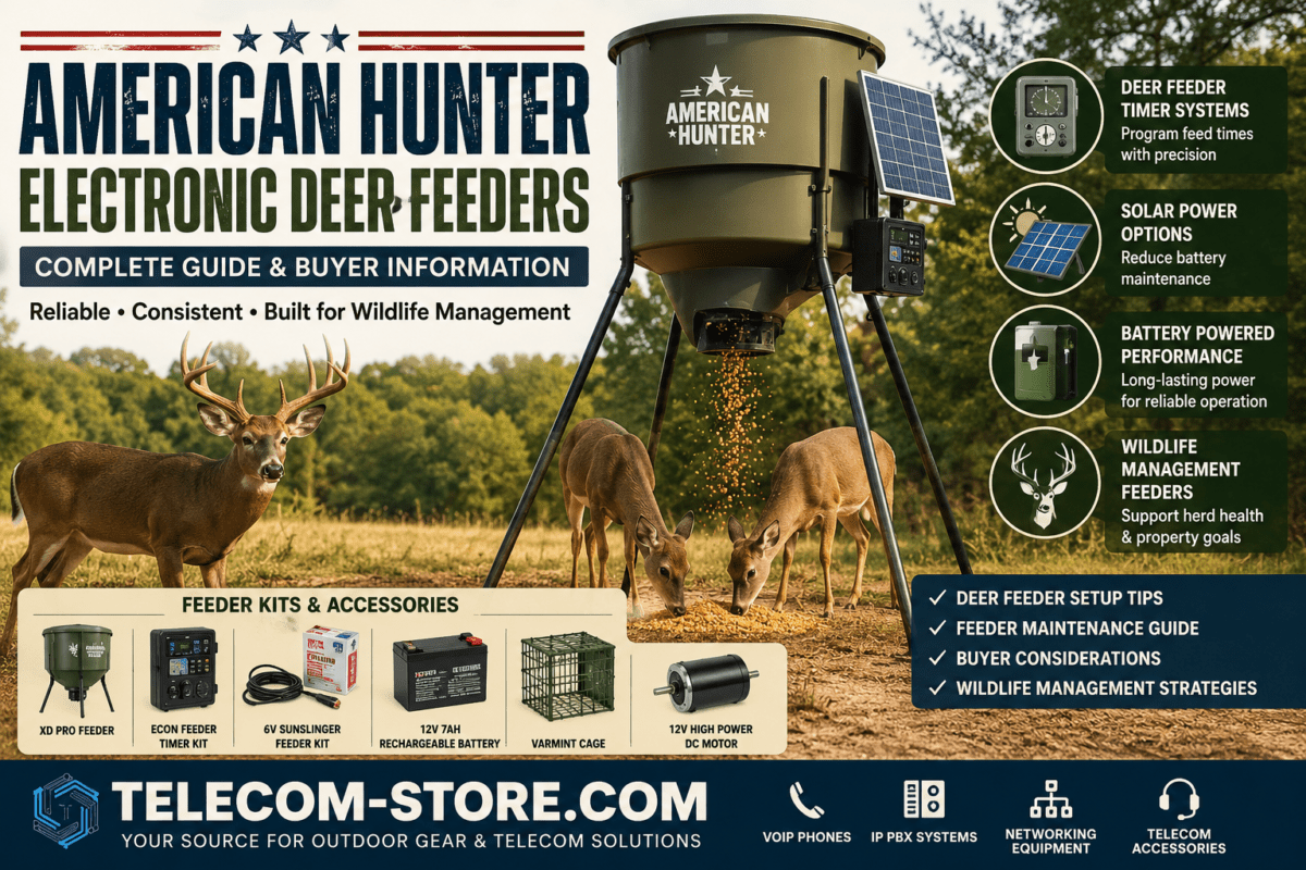 American Hunter electronic deer feeders infographic featuring an automated deer feeder dispensing feed to whitetail deer in a hunting property setting. The image highlights deer feeder timer systems, solar power options, battery powered deer feeders, wildlife management feeders, feeder kits for hunting property, rechargeable batteries, feeder accessories, varmint cages, and replacement motors. Telecom-Store.com branding promotes outdoor equipment, VoIP phones, IP PBX systems, networking equipment, and telecom accessories.