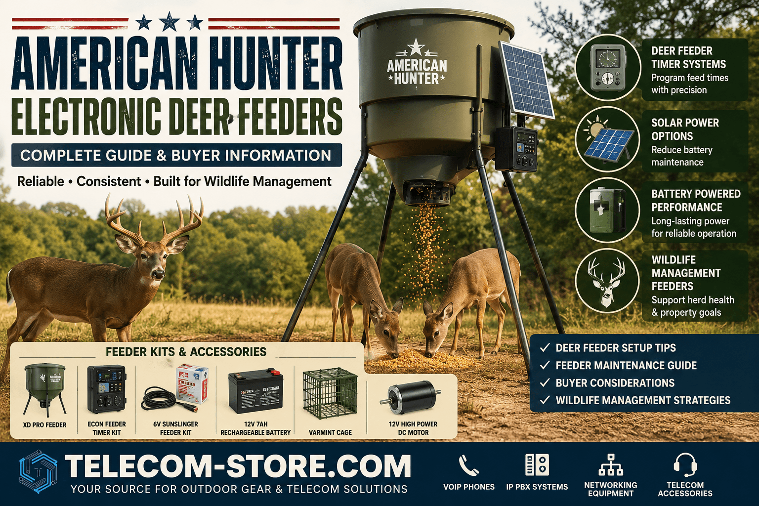 American Hunter electronic deer feeders infographic featuring an automated deer feeder dispensing feed to whitetail deer in a hunting property setting. The image highlights deer feeder timer systems, solar power options, battery powered deer feeders, wildlife management feeders, feeder kits for hunting property, rechargeable batteries, feeder accessories, varmint cages, and replacement motors. Telecom-Store.com branding promotes outdoor equipment, VoIP phones, IP PBX systems, networking equipment, and telecom accessories.