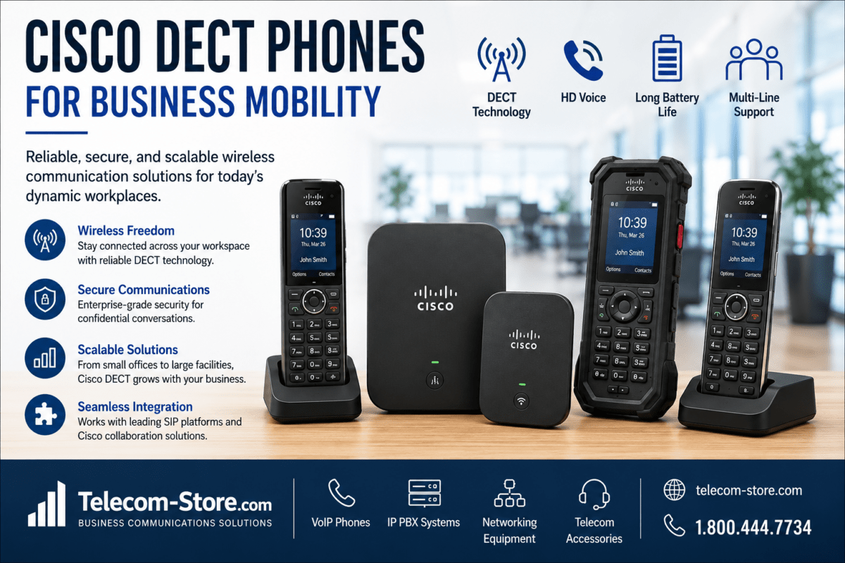 Cisco DECT phones for business mobility featuring wireless handsets, DECT base stations, and repeaters designed for SIP communications, workplace mobility, healthcare, retail, warehouse, and office environments, with Telecom-Store.com branding and contact number 1.800.444.7734.