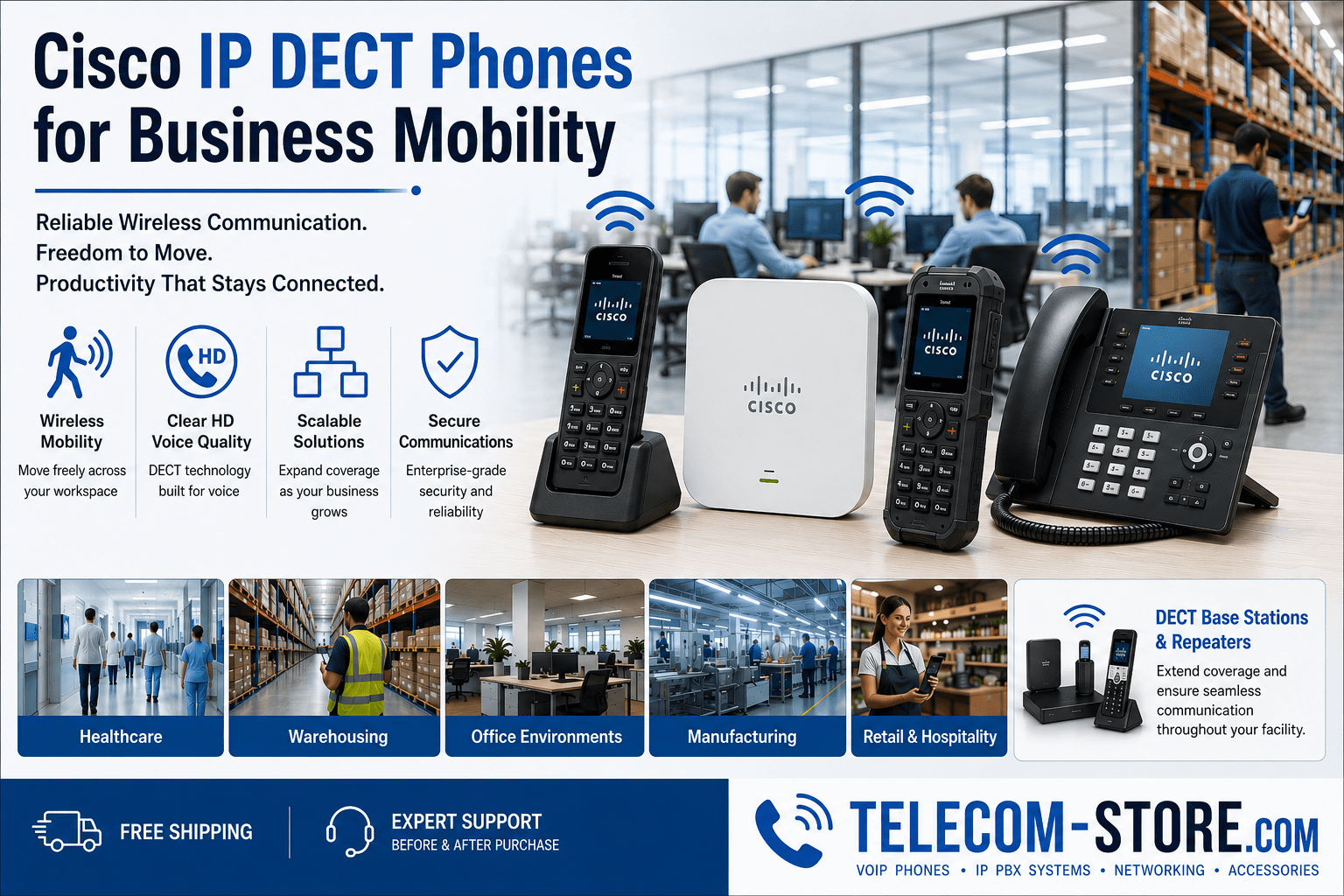 Cisco IP DECT phones for business mobility infographic featuring Cisco wireless handsets, DECT base stations, and VoIP desk phones in office and warehouse environments. The image highlights wireless mobility, HD voice quality, scalable communications, secure business calling, DECT coverage expansion, and SIP-based communications for healthcare, warehousing, manufacturing, retail, and office applications. A Telecom-Store.com banner promotes FREE Shipping, expert support, VoIP phones, IP PBX systems, networking equipment, and telecom accessories.
