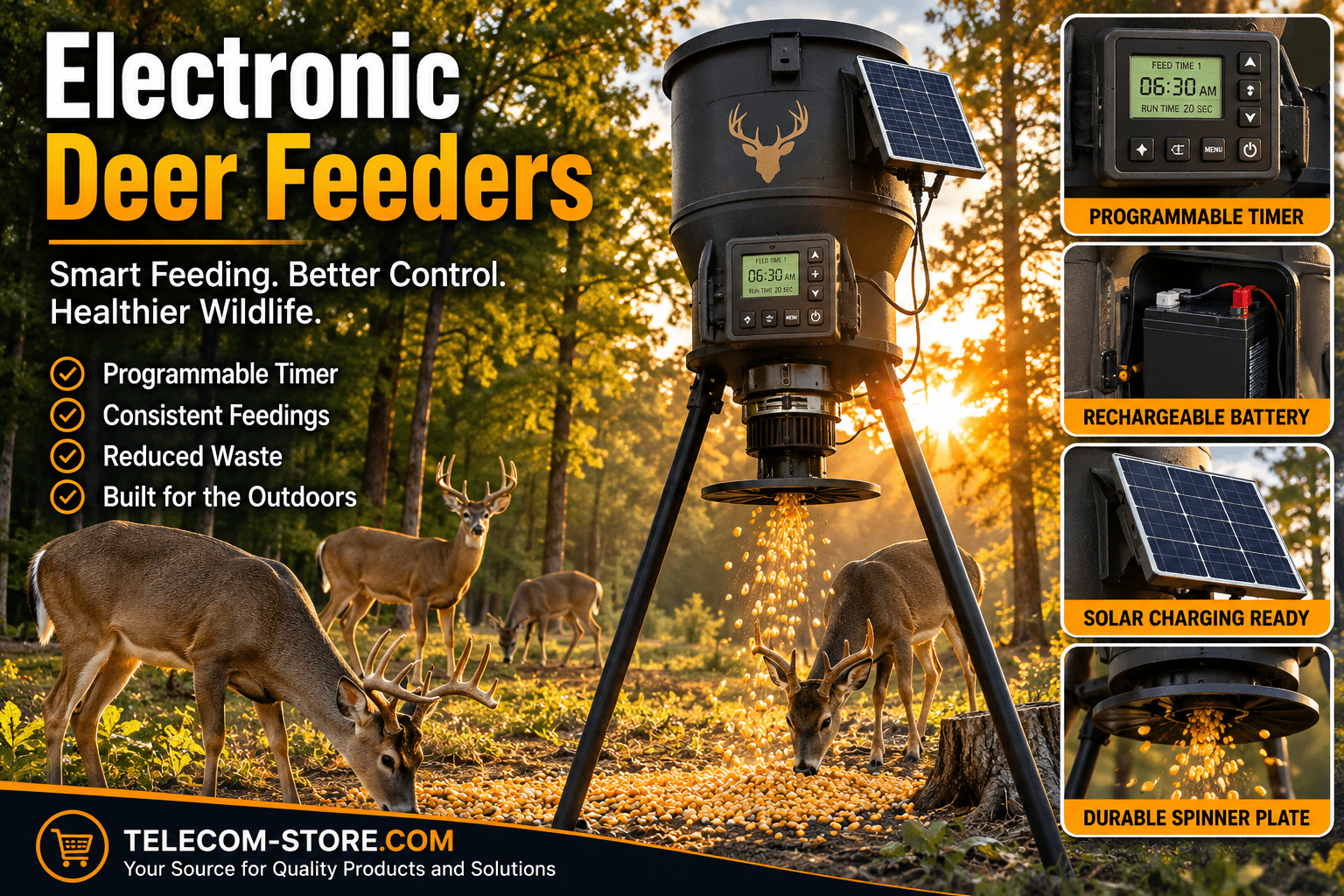 Electronic deer feeder on a tripod dispensing corn in a hardwood forest at sunrise while mature whitetail deer feed nearby, featuring a programmable timer, rechargeable battery, solar charging panel, and durable spinner plate.
