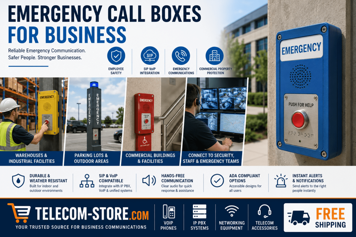 Emergency call boxes for business installed in warehouses, parking lots, commercial buildings, and industrial facilities. The infographic highlights SIP VoIP integration, employee safety, emergency communications, commercial property protection, ADA-compliant emergency phones, hands-free communication, instant alerts, weather-resistant construction, and connectivity to security and emergency response teams. Telecom-Store.com branding promotes VoIP phones, IP PBX systems, networking equipment, telecom accessories, and FREE Shipping.