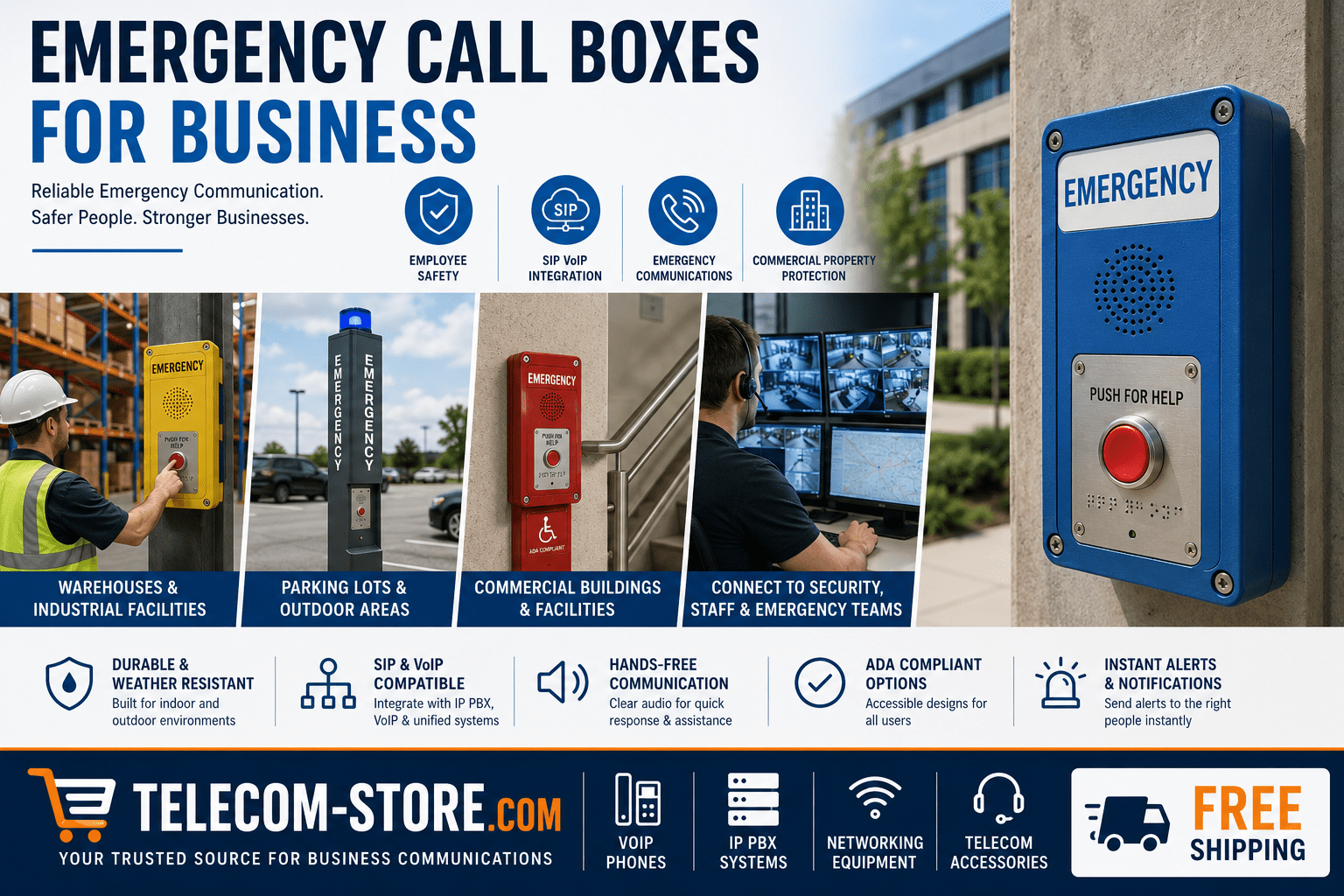 Emergency call boxes for business installed in warehouses, parking lots, commercial buildings, and industrial facilities. The infographic highlights SIP VoIP integration, employee safety, emergency communications, commercial property protection, ADA-compliant emergency phones, hands-free communication, instant alerts, weather-resistant construction, and connectivity to security and emergency response teams. Telecom-Store.com branding promotes VoIP phones, IP PBX systems, networking equipment, telecom accessories, and FREE Shipping.